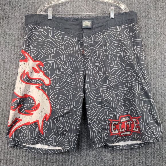 MMA Elite Athletic Shorts Mens Size XL Gray Geometric Dragon Pattern - Picture 2 of 15